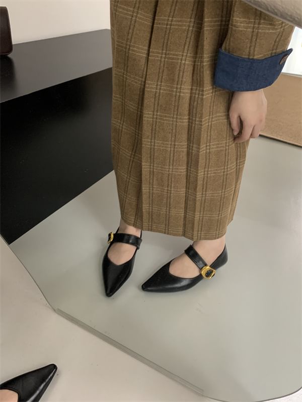 Pointed Faux Mary Jane Leather Shoes Toe Plain