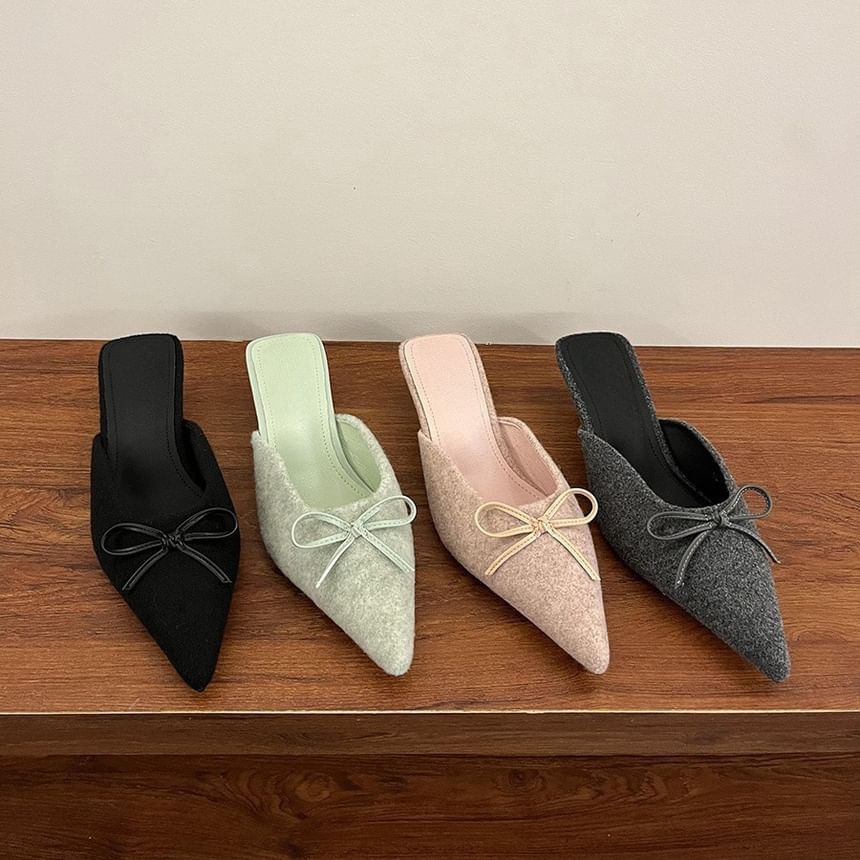 Heel Plain Pointed Accent Mules Chunky Toe Bow