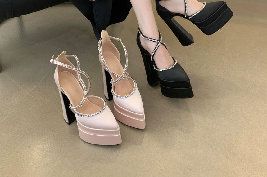 Pointed Pumps D'Orsay Accent Chunky Heel Rhinestone Toe