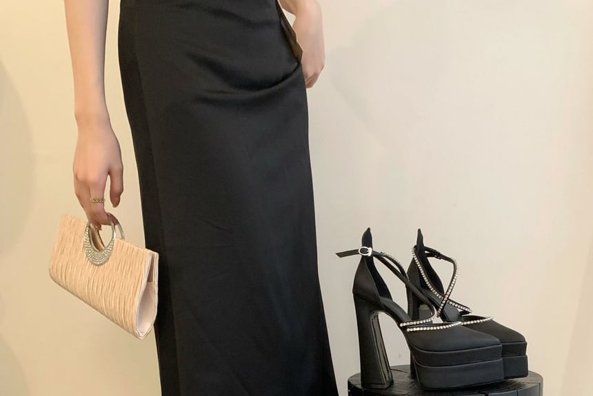 Pointed Pumps D'Orsay Accent Chunky Heel Rhinestone Toe