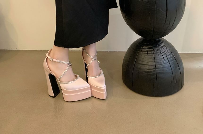 Pointed Pumps D'Orsay Accent Chunky Heel Rhinestone Toe