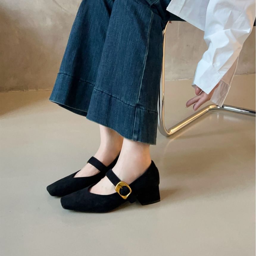 Suede Faux Chunky Heel Mary Jane Buckled Pumps