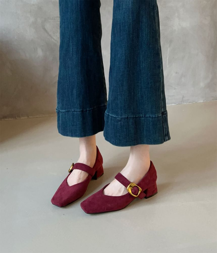 Suede Faux Chunky Heel Mary Jane Buckled Pumps