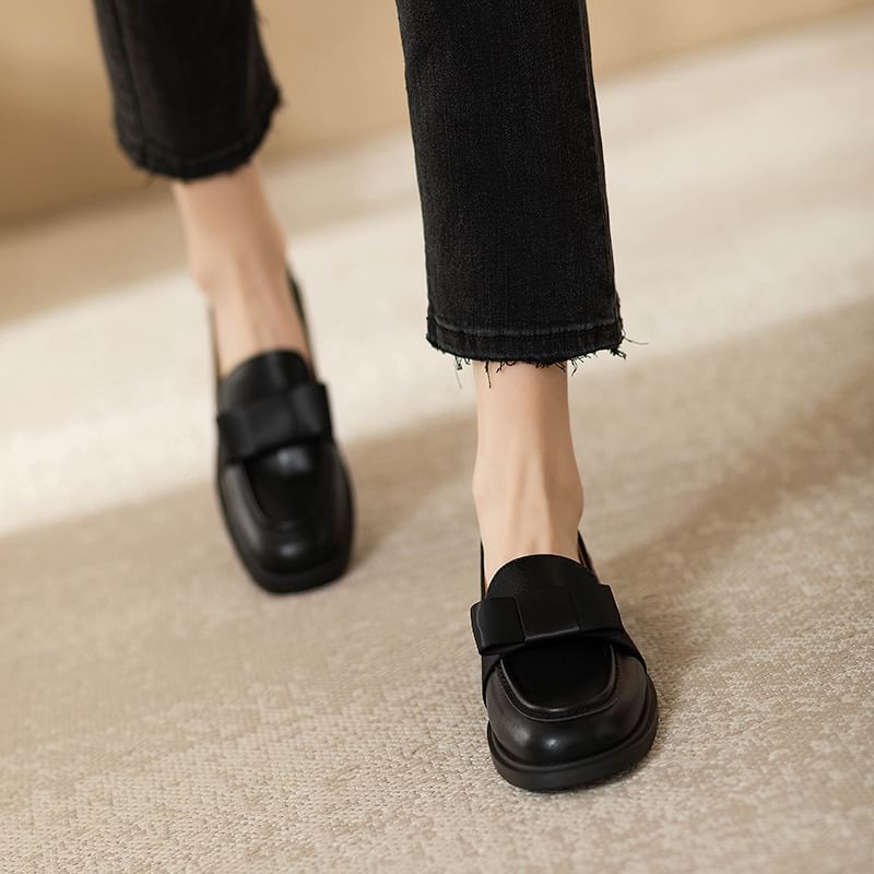 Leather Accent Faux Loafers Bow Plain