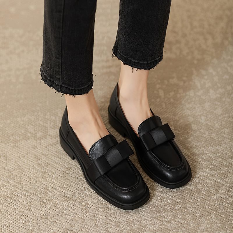 Leather Accent Faux Loafers Bow Plain