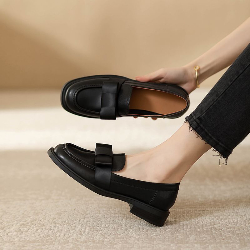 Leather Accent Faux Loafers Bow Plain
