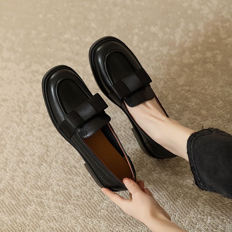 Leather Accent Faux Loafers Bow Plain