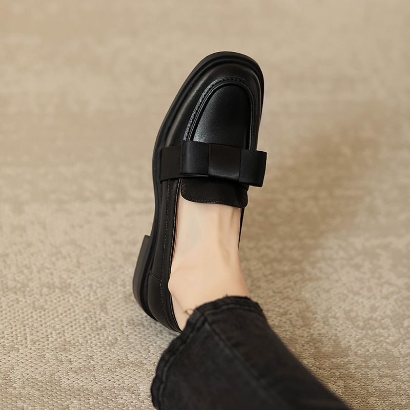 Leather Accent Faux Loafers Bow Plain