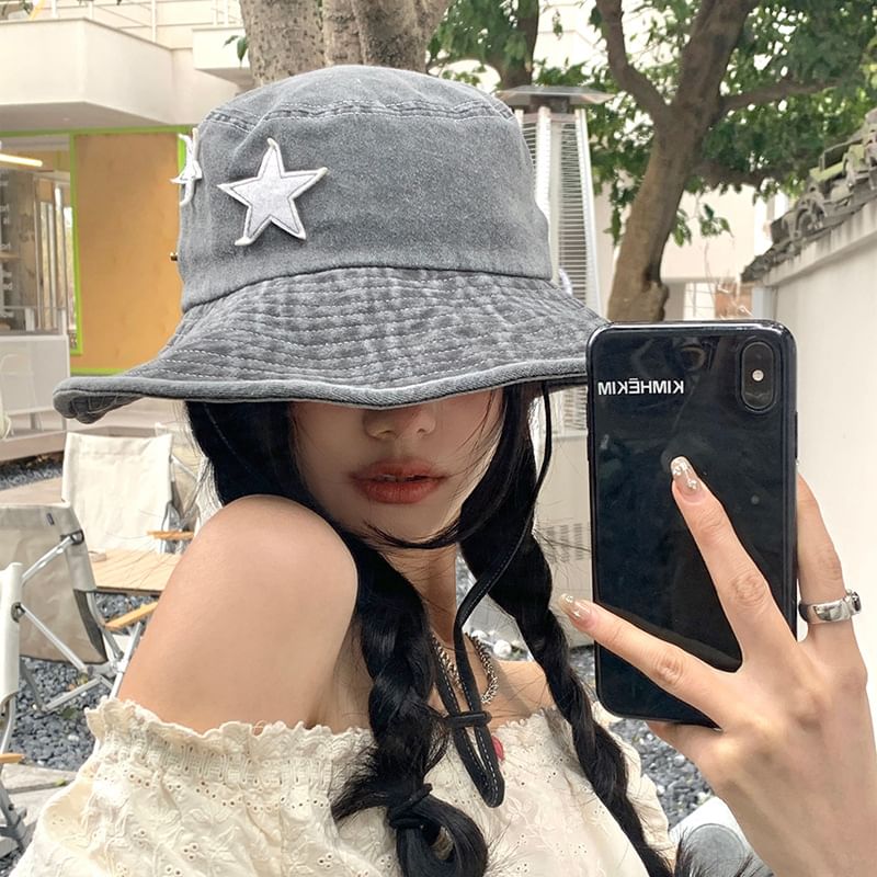 Star Applique Washed Boonie Hat