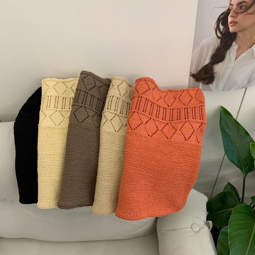 Knit Plain Tote Pointelle Bag