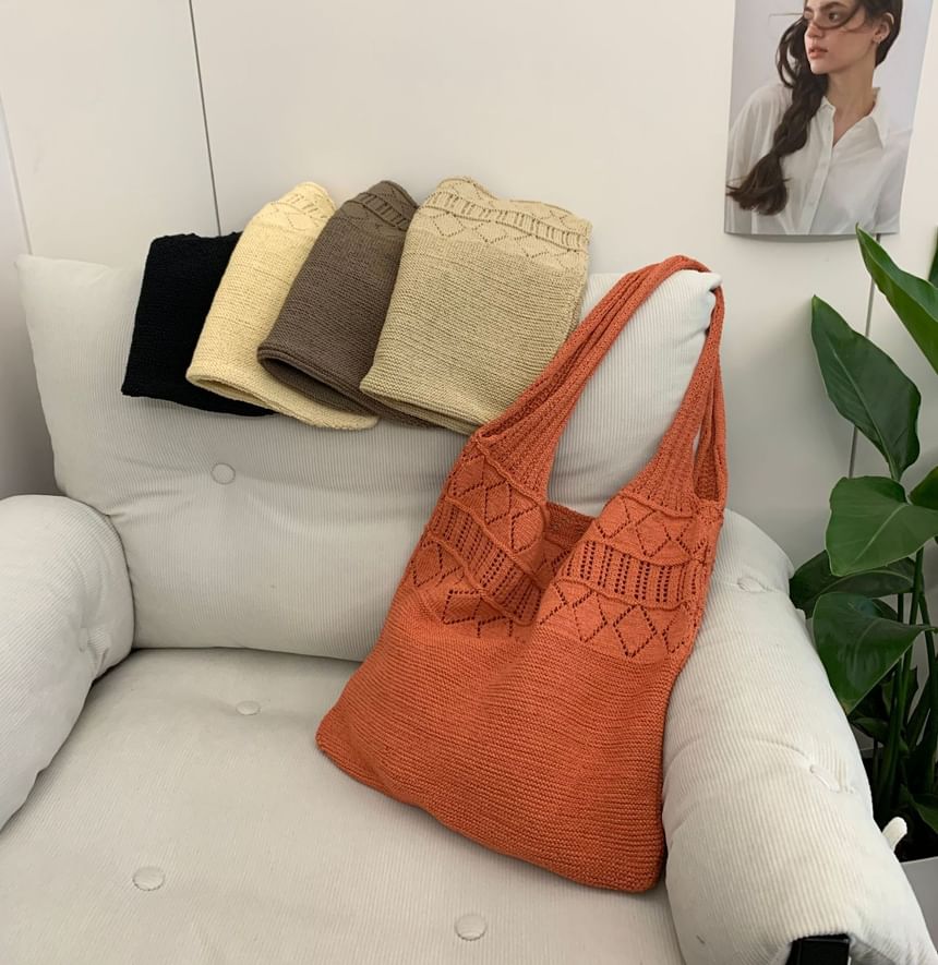 Knit Plain Tote Pointelle Bag