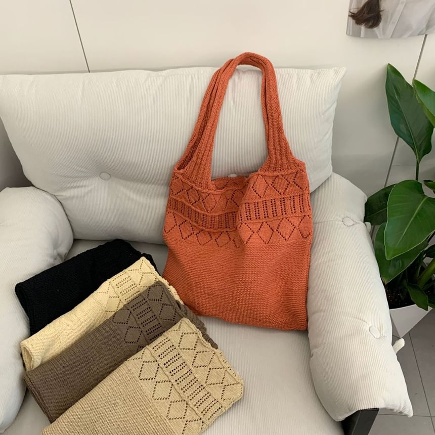 Knit Plain Tote Pointelle Bag