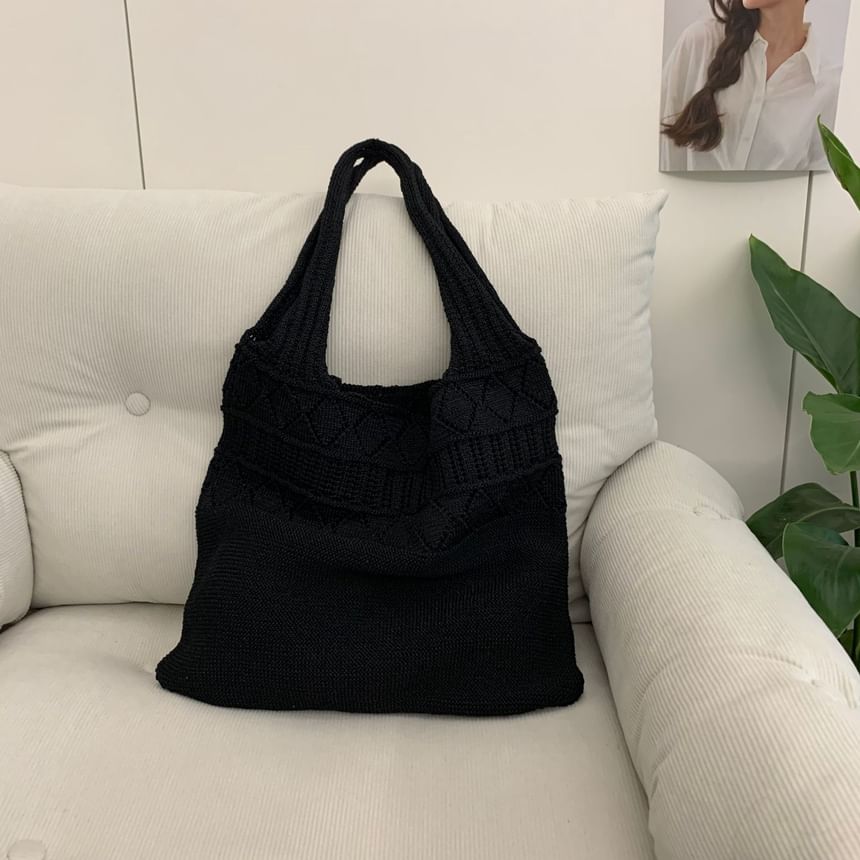 Knit Plain Tote Pointelle Bag