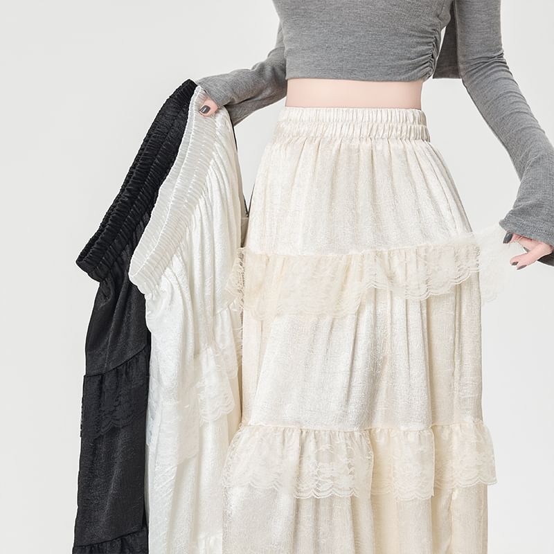 High Rise Plain Maxi Trim Skirt Lace A-Line