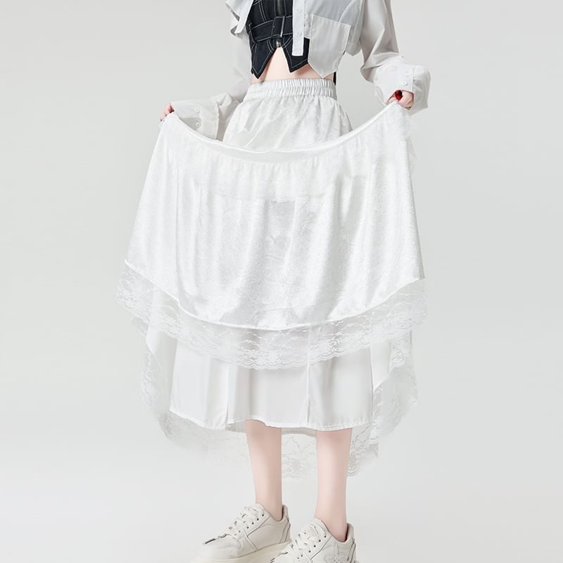 High Rise Plain Maxi Trim Skirt Lace A-Line