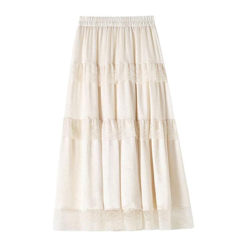 High Rise Plain Maxi Trim Skirt Lace A-Line