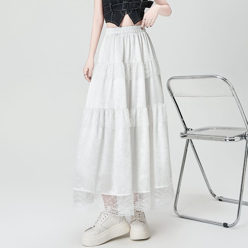 High Rise Plain Maxi Trim Skirt Lace A-Line