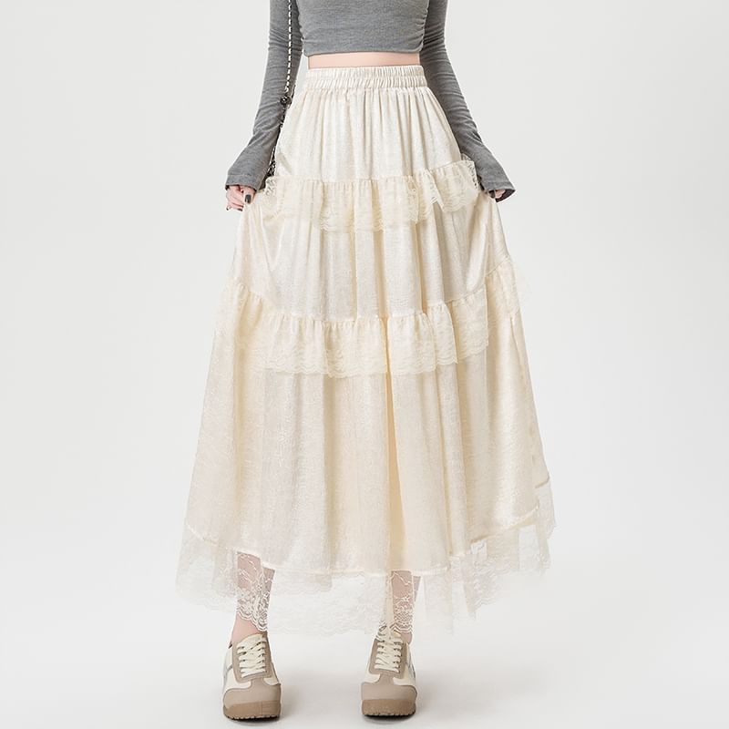 High Rise Plain Maxi Trim Skirt Lace A-Line