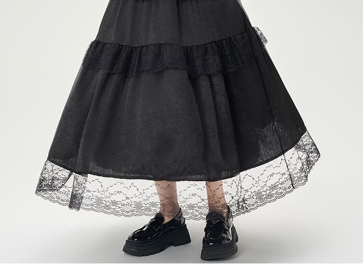 High Rise Plain Maxi Trim Skirt Lace A-Line
