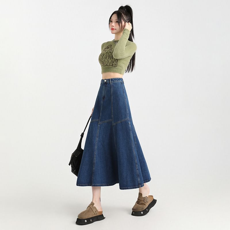 High Midi Skirt Stitching Rise Denim Contrast A-Line