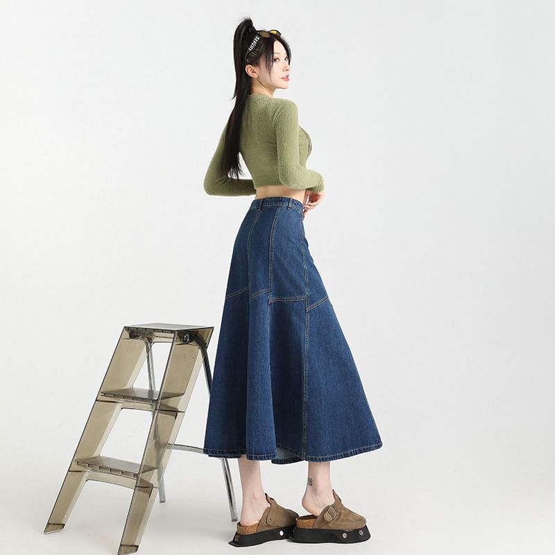 High Midi Skirt Stitching Rise Denim Contrast A-Line