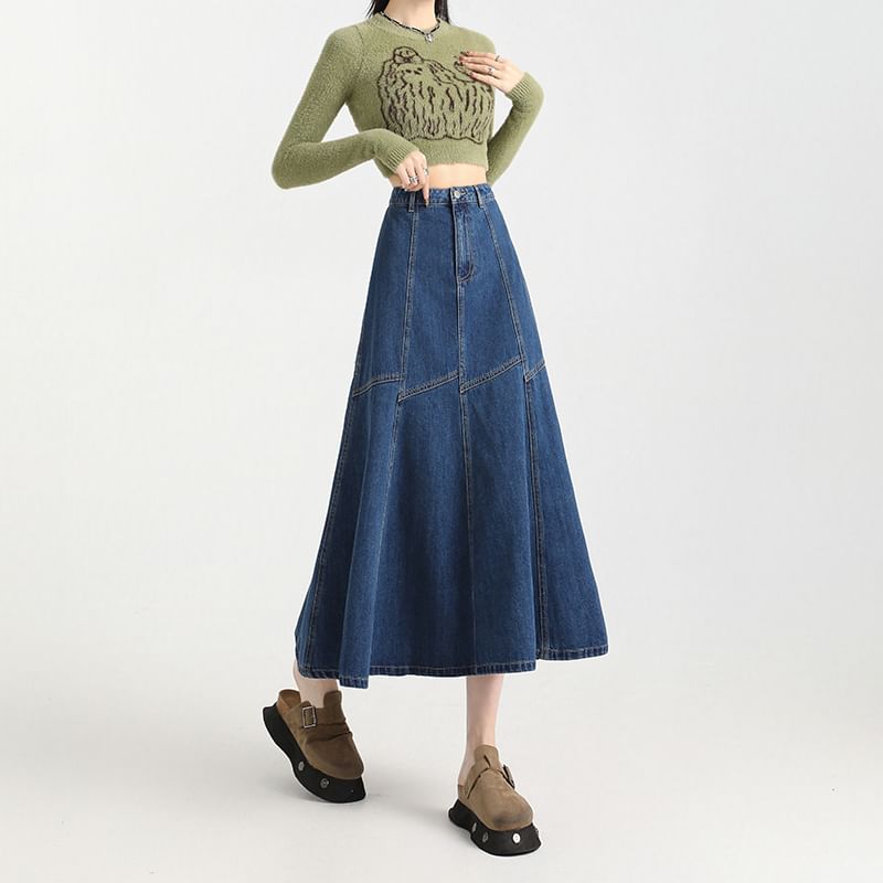 High Midi Skirt Stitching Rise Denim Contrast A-Line