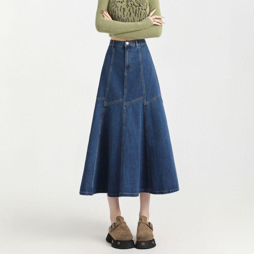 High Midi Skirt Stitching Rise Denim Contrast A-Line
