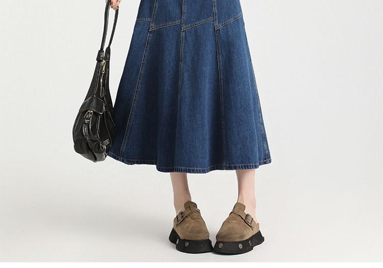 High Midi Skirt Stitching Rise Denim Contrast A-Line