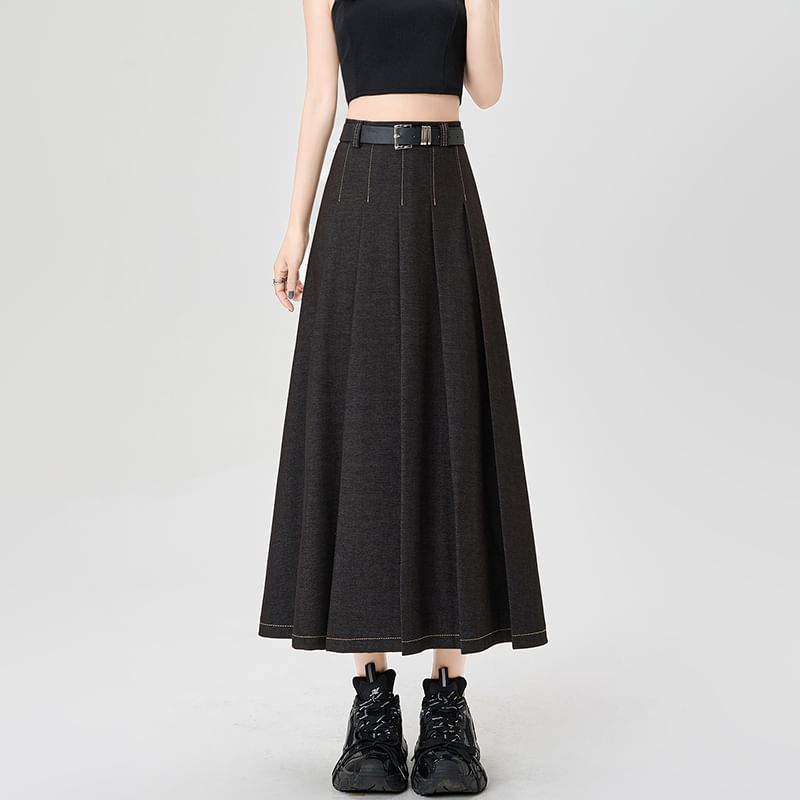 Denim Skirt Rise Stitching Contrast A-Line Maxi High Pleated Accordion