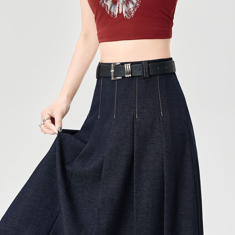 Denim Skirt Rise Stitching Contrast A-Line Maxi High Pleated Accordion