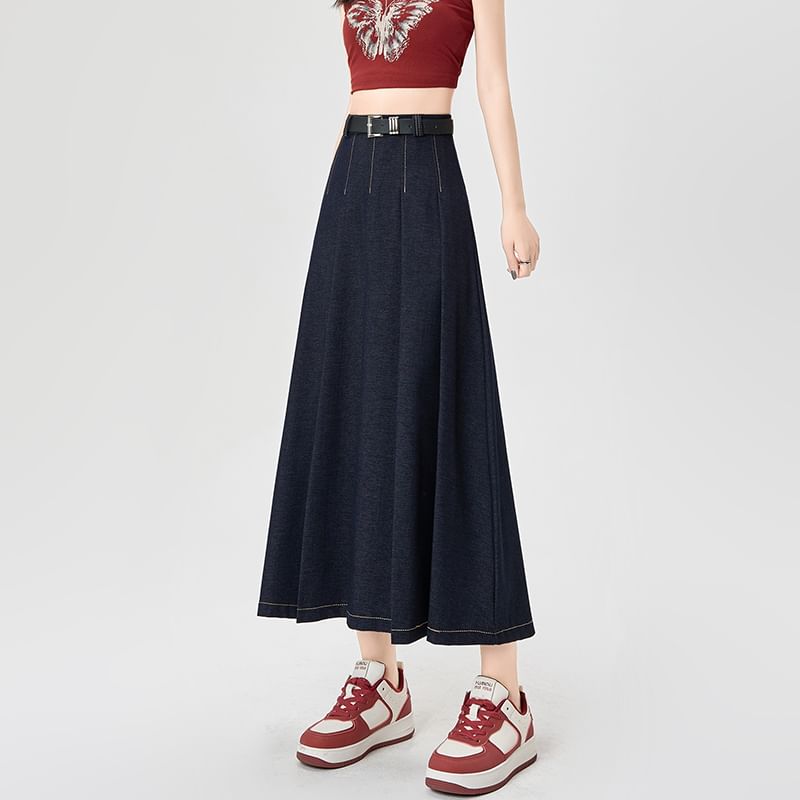 Denim Skirt Rise Stitching Contrast A-Line Maxi High Pleated Accordion