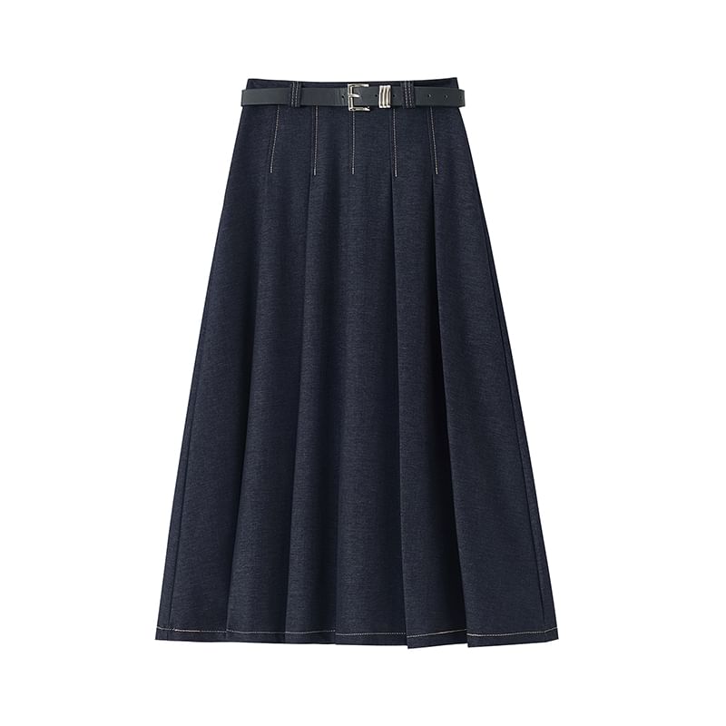Denim Skirt Rise Stitching Contrast A-Line Maxi High Pleated Accordion