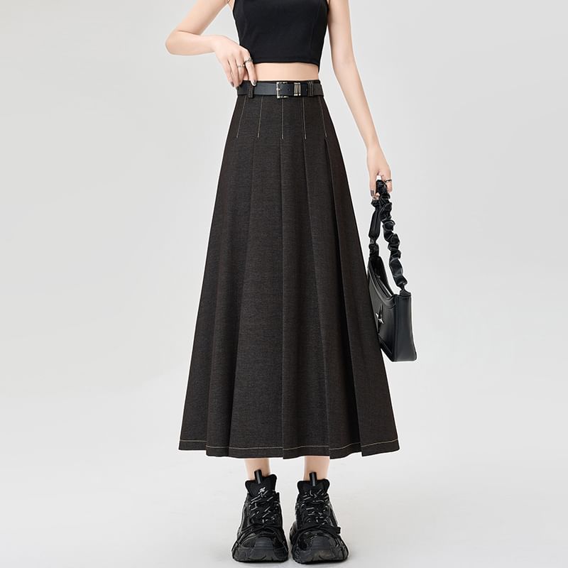Denim Skirt Rise Stitching Contrast A-Line Maxi High Pleated Accordion