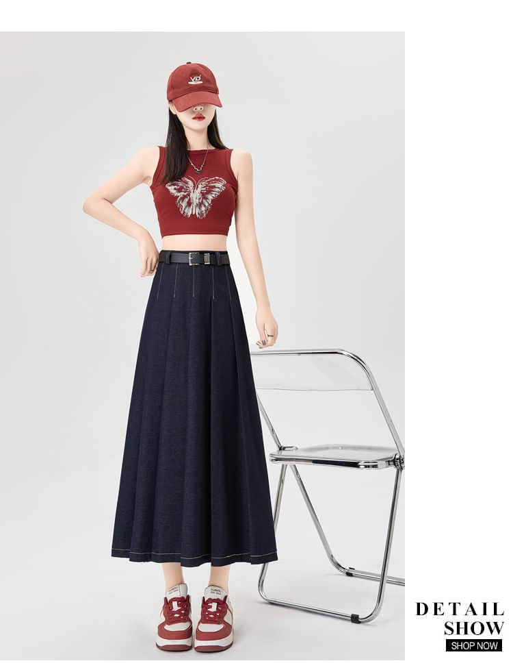 Denim Skirt Rise Stitching Contrast A-Line Maxi High Pleated Accordion