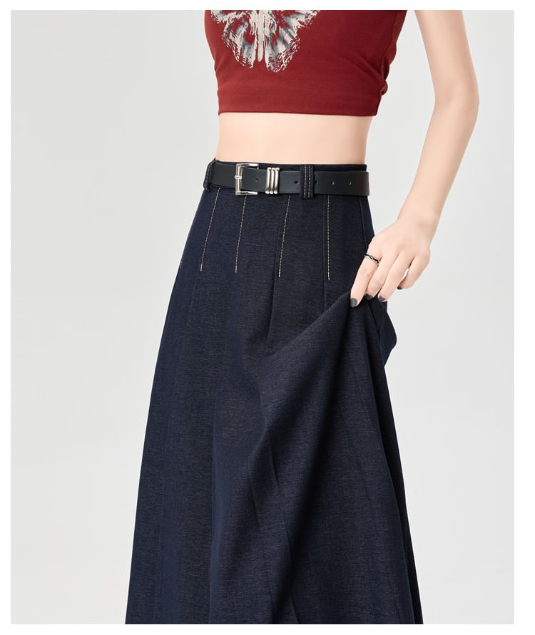 Denim Skirt Rise Stitching Contrast A-Line Maxi High Pleated Accordion