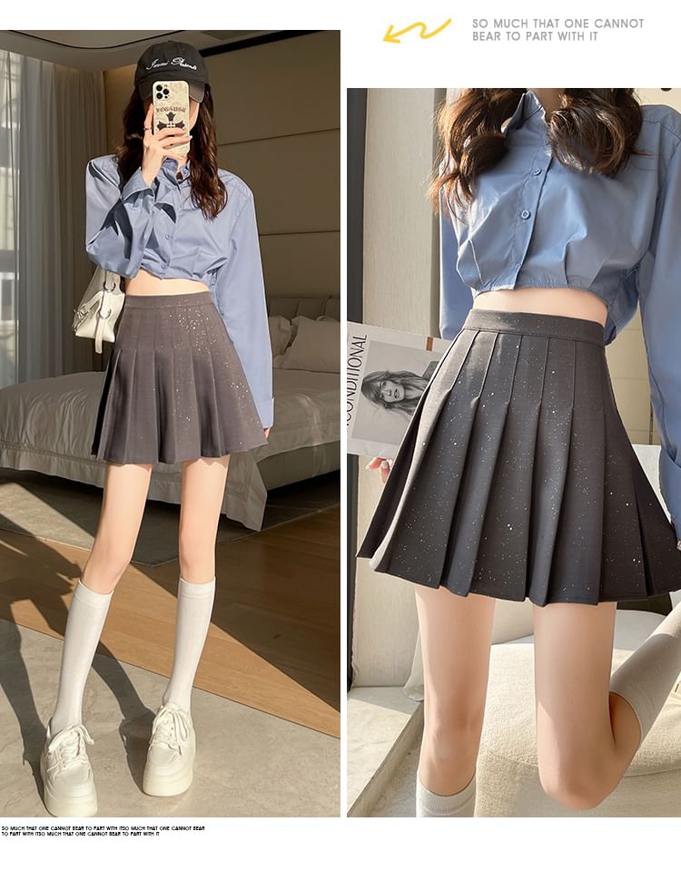 Skirt Waist Mini High Pleated Sequin A-Line