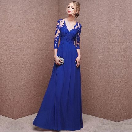 V-Neck 3/4-Sleeve Evening Sheath Gown Lace Floral