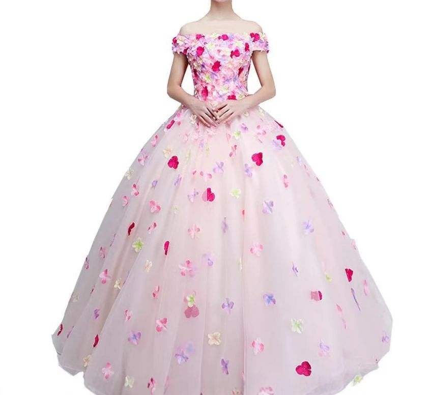 Shoulder Ball Embroidered Gown Floral Off Wedding