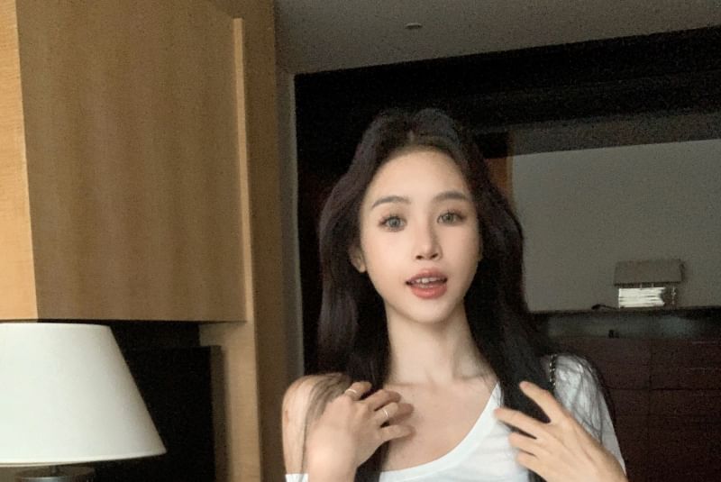 Skirt Overlay Yoga Shoulder / Plain Short-Sleeve T-Shirt Pants Off High Crop Waist