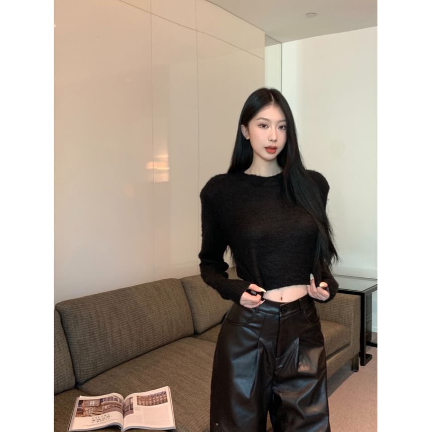 Wide Rise Neck Leg Pants Faux Plain Leather Crop High / Long-Sleeve Top Round