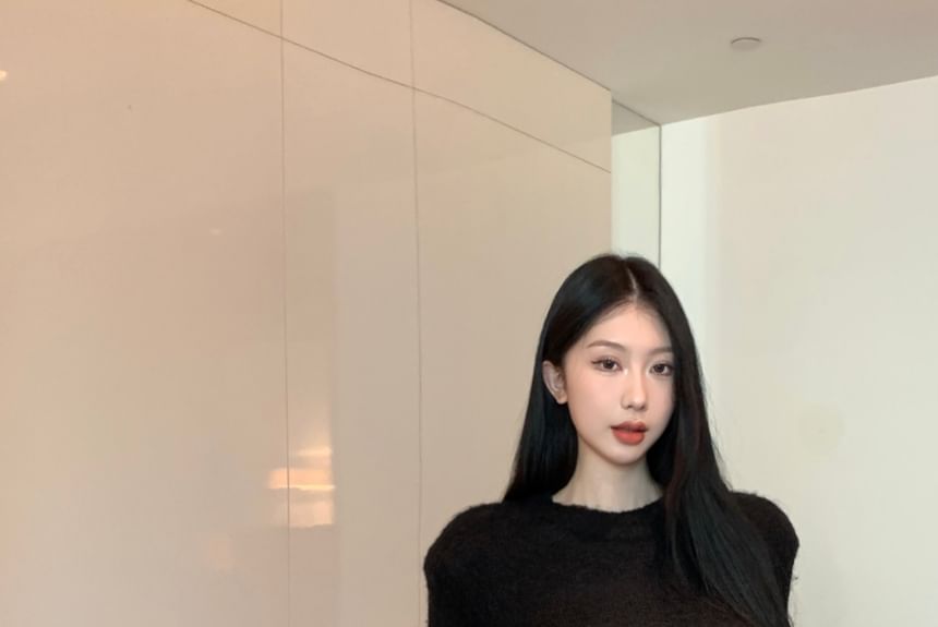 Wide Rise Neck Leg Pants Faux Plain Leather Crop High / Long-Sleeve Top Round