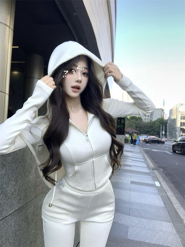 / Flared High Zip Crop Hoodie Plain Sweatpants Waist