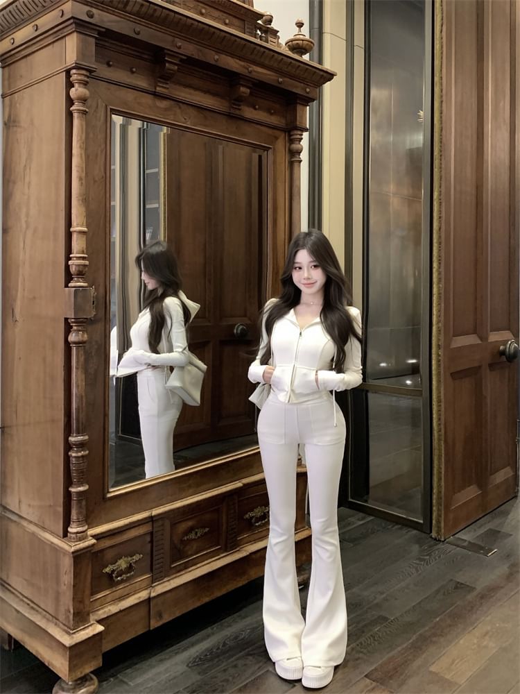 / Flared High Zip Crop Hoodie Plain Sweatpants Waist