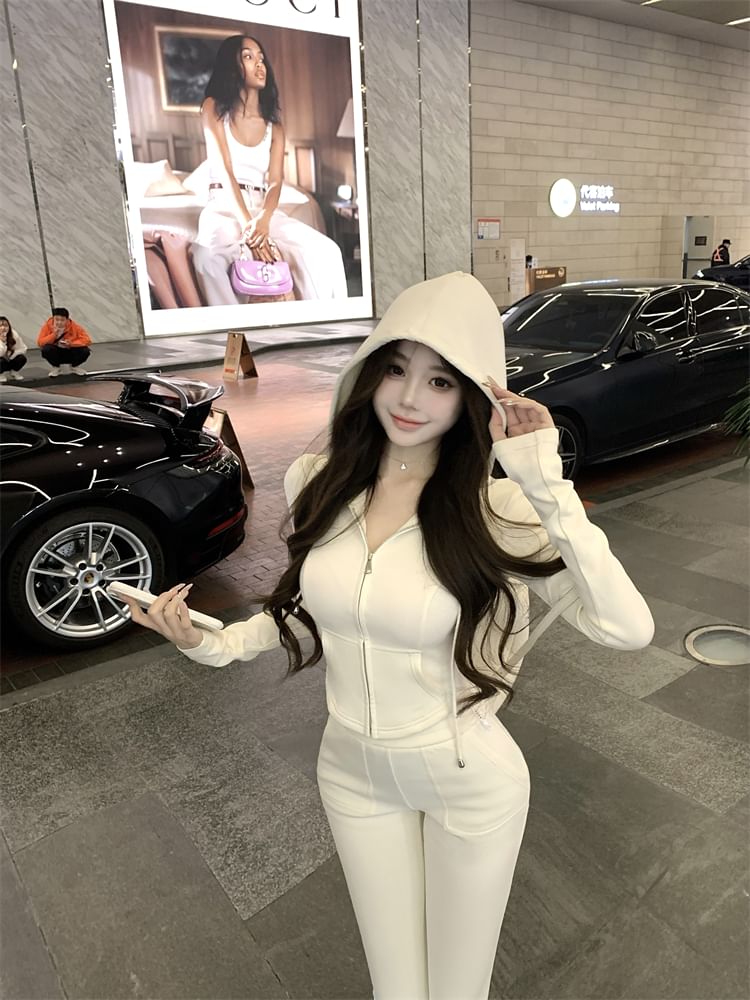 / Flared High Zip Crop Hoodie Plain Sweatpants Waist