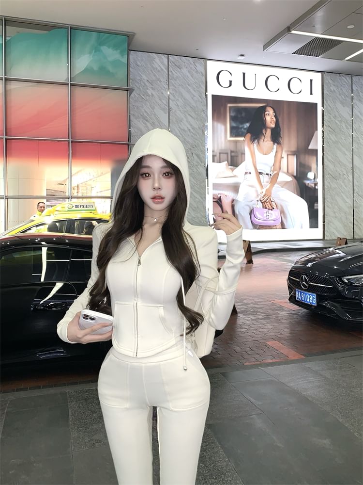 / Flared High Zip Crop Hoodie Plain Sweatpants Waist
