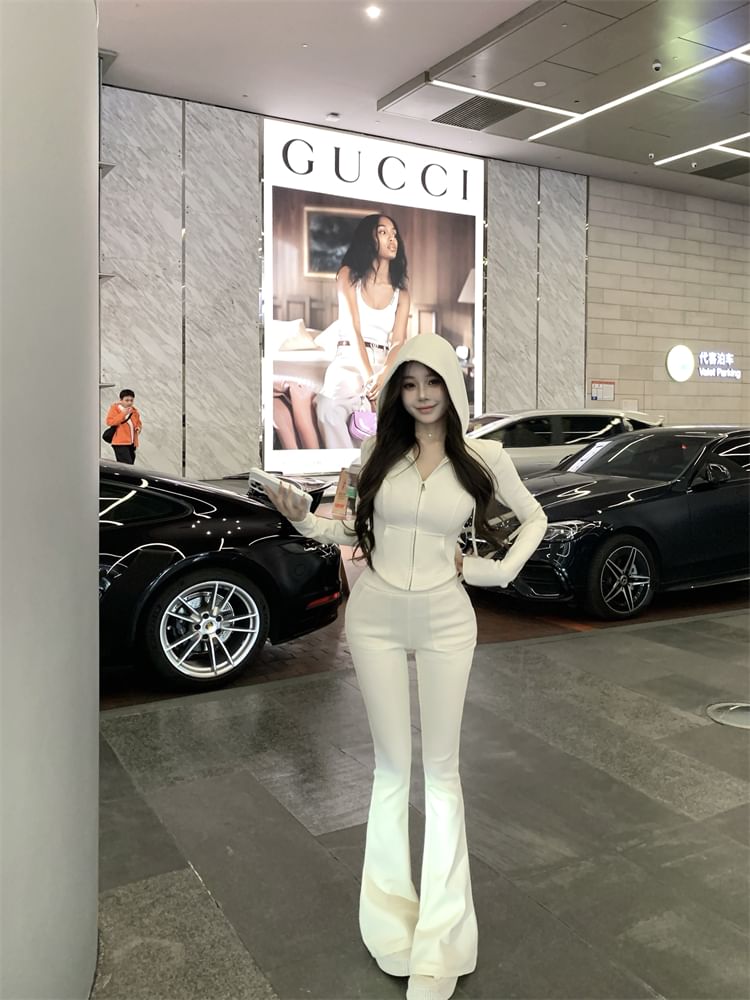 / Flared High Zip Crop Hoodie Plain Sweatpants Waist