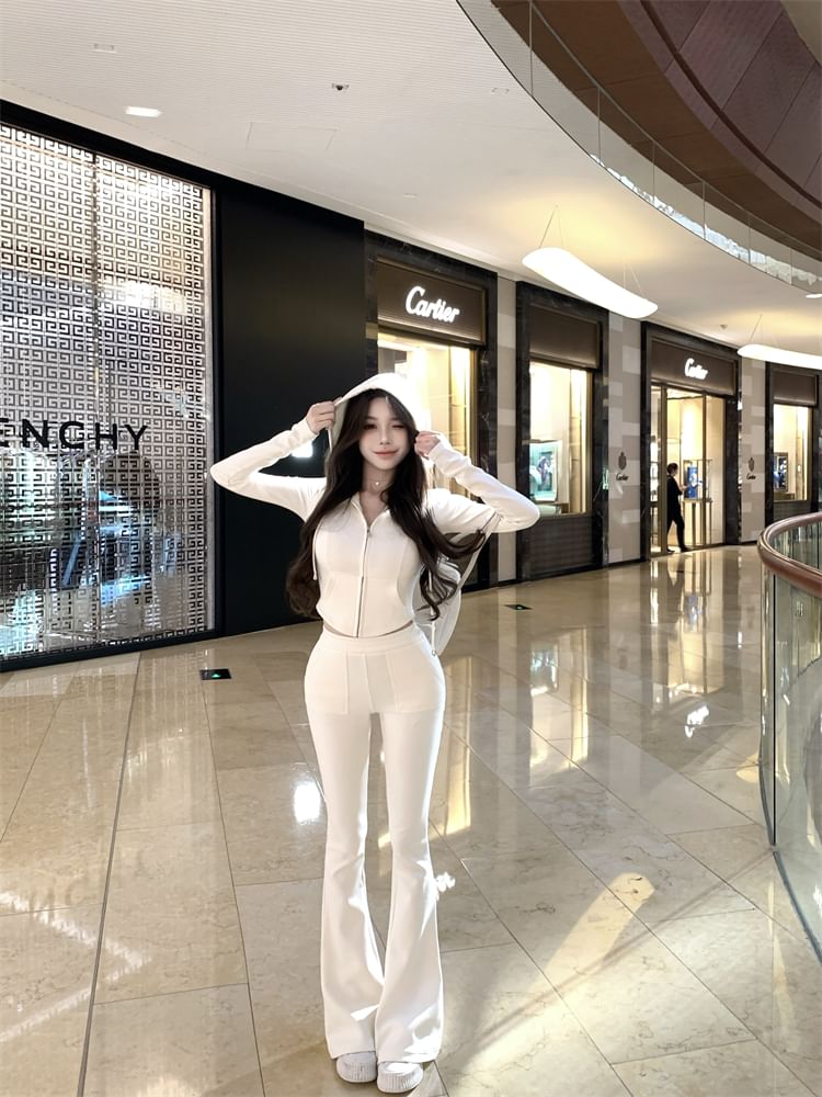 / Flared High Zip Crop Hoodie Plain Sweatpants Waist