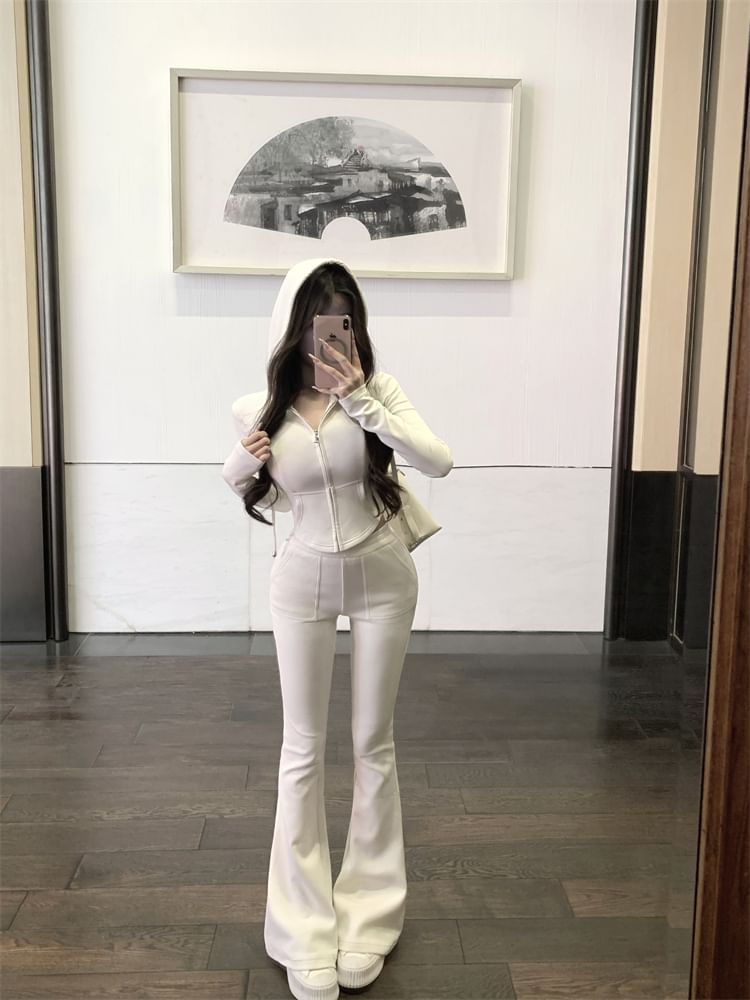 / Flared High Zip Crop Hoodie Plain Sweatpants Waist