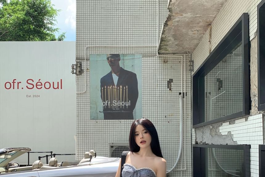 Striped Strapless Pants Wide Mid Leg Tube / Top Waist