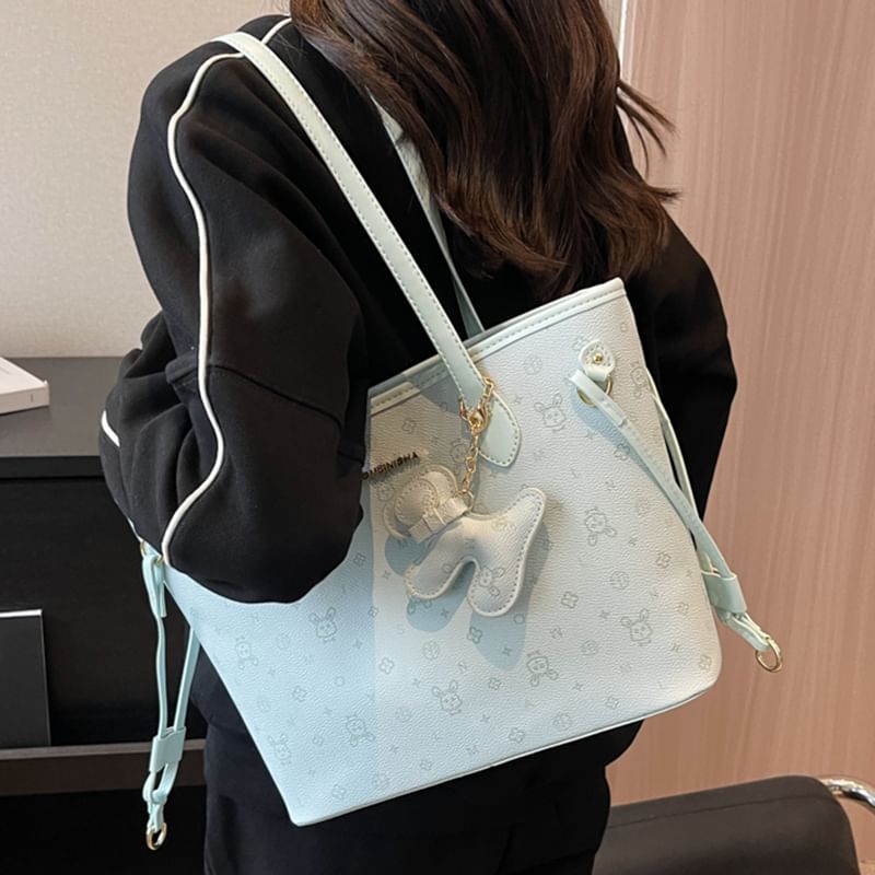 Patterned Leather Bag Faux Drawstring Tote